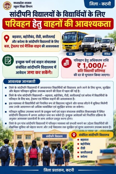 img 20260907 wa00118590293106731468727 बड़वारा, बहोरीबंद, रीठी, कारीतलाई और करेला के सांदीपनि विद्यालयों के लिए बस, ट्रेवलर एवं मैजिक वाहन की आवश्यकता